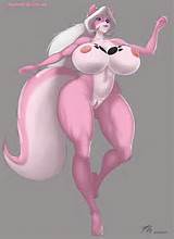 ... nude open_mouth pink pussy skunk solo standing tail thighs white_hair